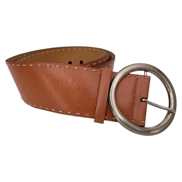 PRADA Belt Women 36 EU 90 Wide Leather Brass Round Buckle Hippie Statement Italy - Picture 5 of 16
